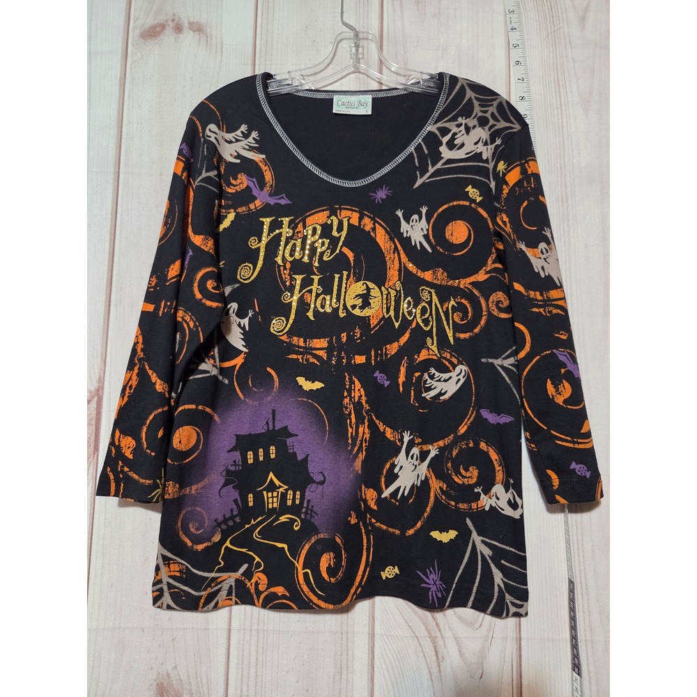 Cactus Bay Womens Black Happy Halloween Haunted House Ghost‎ Spiderweb Top L
